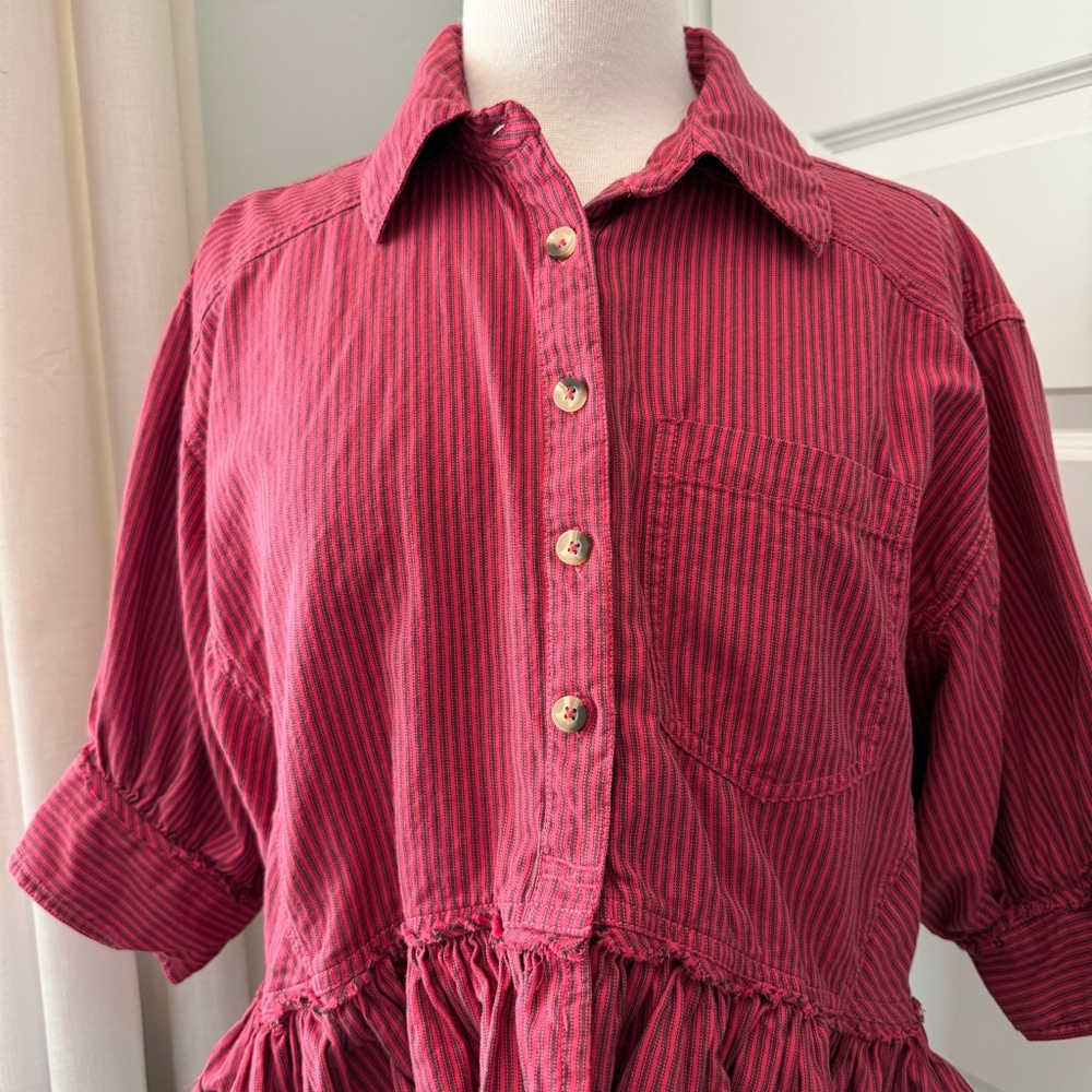 We The Free Raspberry Red Ruffled Button-Down Shirt - Picture 3 of 7